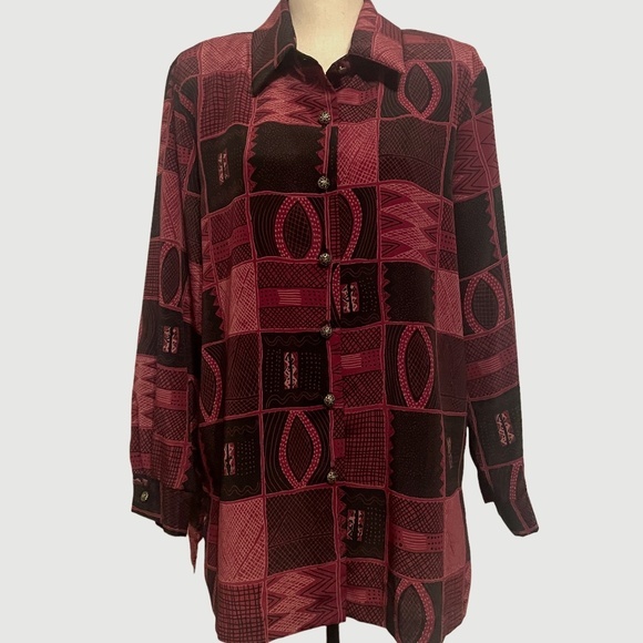 Vintage Tops - Vintage Maroon and Black‎ Button Front Blouse Sz L